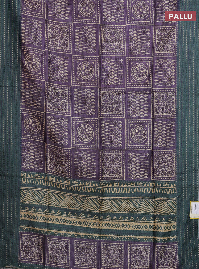 Semi tussar saree violet shade and dark green with allover batik prints and katha stitch work pallu & border