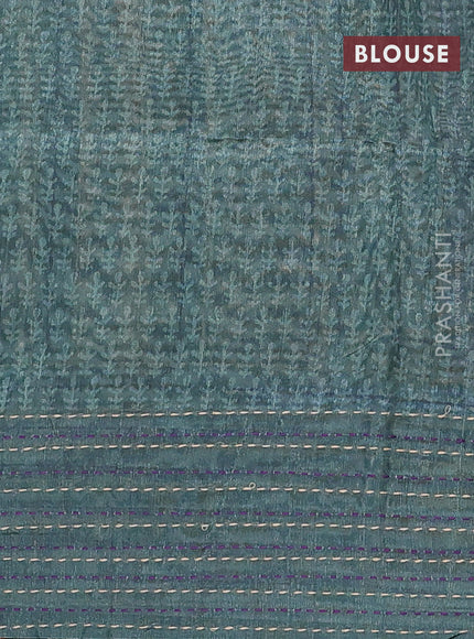 Semi tussar saree violet shade and dark green with allover batik prints and katha stitch work pallu & border