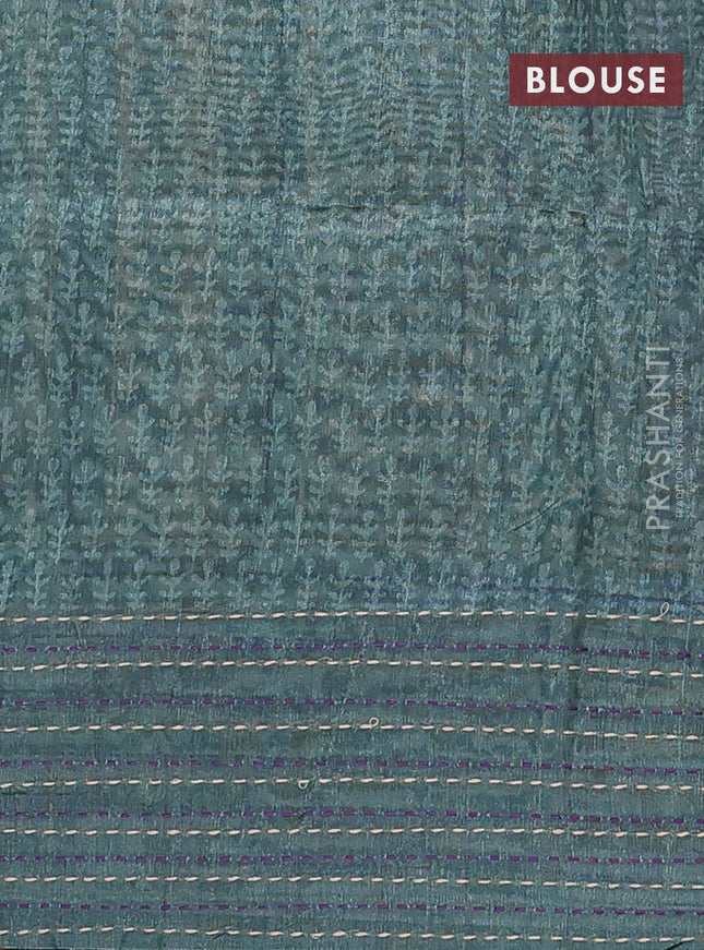 Semi tussar saree violet shade and dark green with allover batik prints and katha stitch work pallu & border