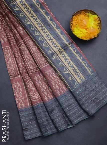 Semi tussar saree maroon shade and grey with allover batik prints and katha stitch work pallu & border