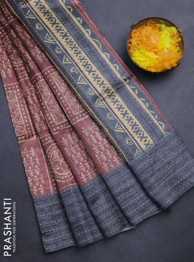Semi tussar saree maroon shade and grey with allover batik prints and katha stitch work pallu & border