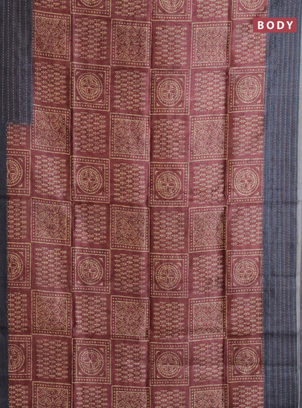 Semi tussar saree maroon shade and grey with allover batik prints and katha stitch work pallu & border