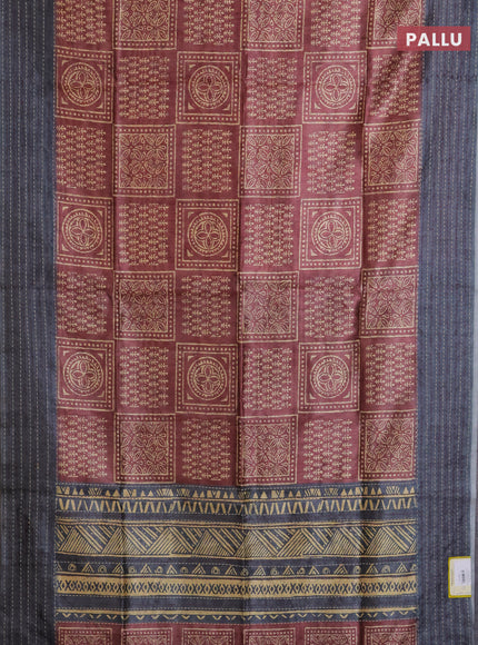 Semi tussar saree maroon shade and grey with allover batik prints and katha stitch work pallu & border