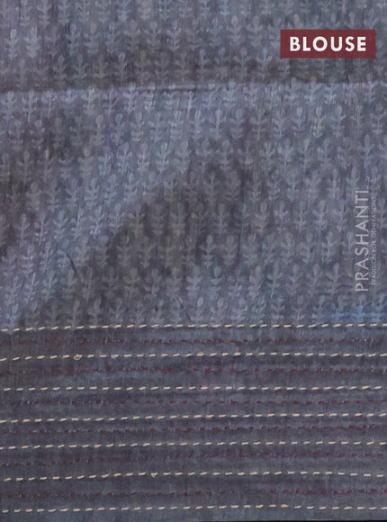 Semi tussar saree maroon shade and grey with allover batik prints and katha stitch work pallu & border