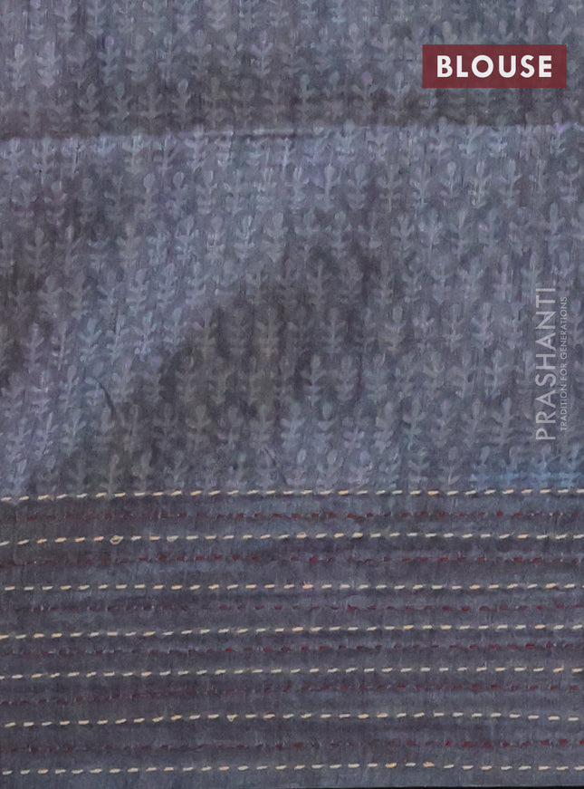 Semi tussar saree maroon shade and grey with allover batik prints and katha stitch work pallu & border