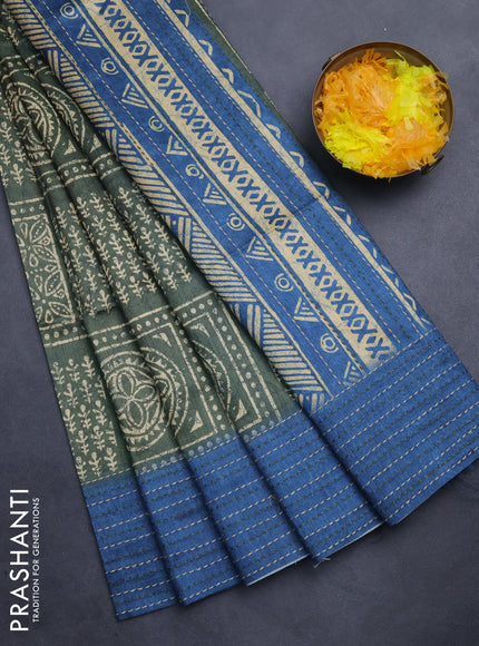 Semi tussar saree green and peacock blue with allover batik prints and katha stitch work pallu & border