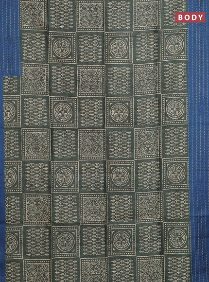 Semi tussar saree green and peacock blue with allover batik prints and katha stitch work pallu & border