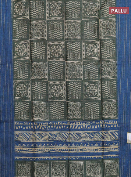 Semi tussar saree green and peacock blue with allover batik prints and katha stitch work pallu & border