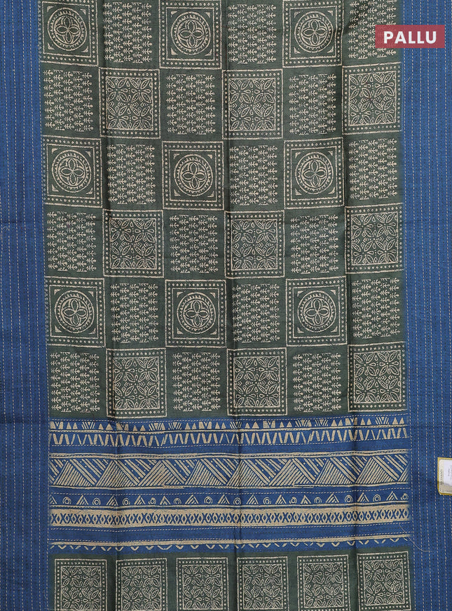 Semi tussar saree green and peacock blue with allover batik prints and katha stitch work pallu & border