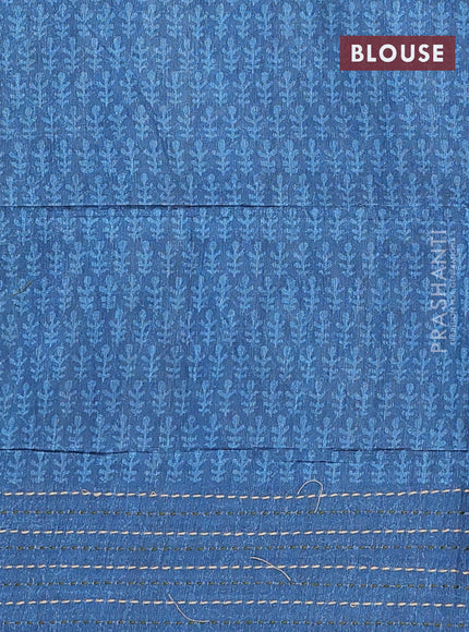 Semi tussar saree green and peacock blue with allover batik prints and katha stitch work pallu & border