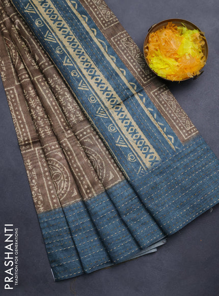 Semi tussar saree dark mehendi green and peacock blue with allover batik prints and katha stitch work pallu & border
