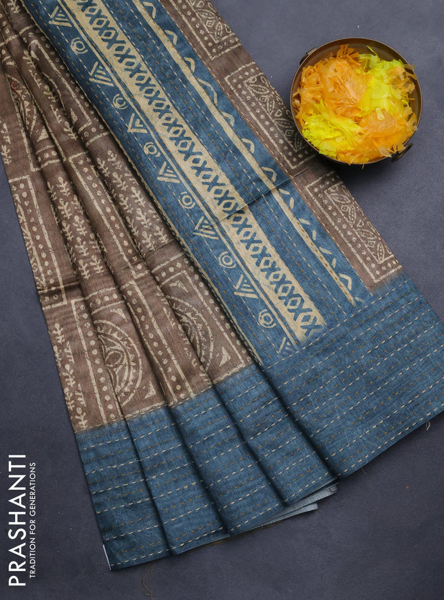 Semi tussar saree dark mehendi green and peacock blue with allover batik prints and katha stitch work pallu & border