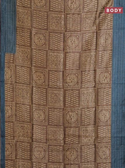 Semi tussar saree dark mehendi green and peacock blue with allover batik prints and katha stitch work pallu & border