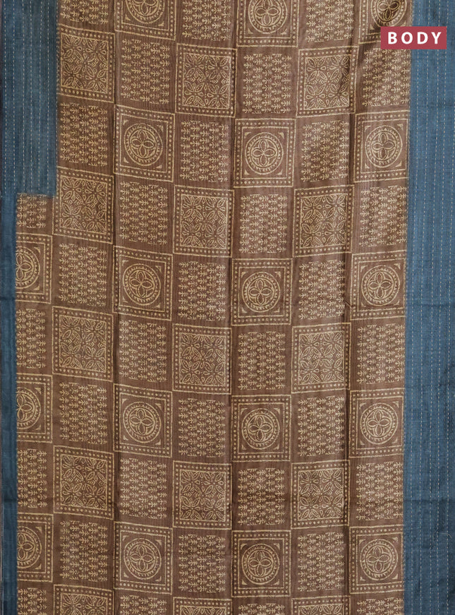 Semi tussar saree dark mehendi green and peacock blue with allover batik prints and katha stitch work pallu & border