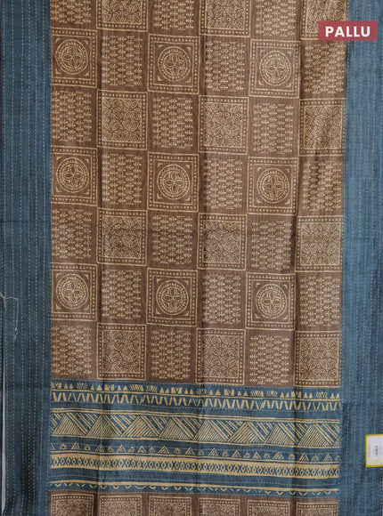 Semi tussar saree dark mehendi green and peacock blue with allover batik prints and katha stitch work pallu & border