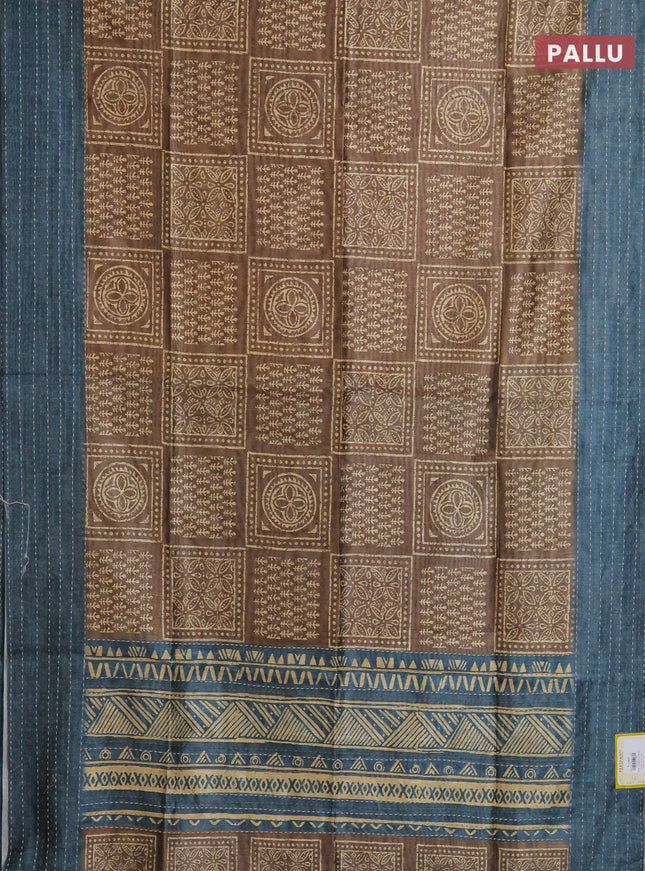 Semi tussar saree dark mehendi green and peacock blue with allover batik prints and katha stitch work pallu & border