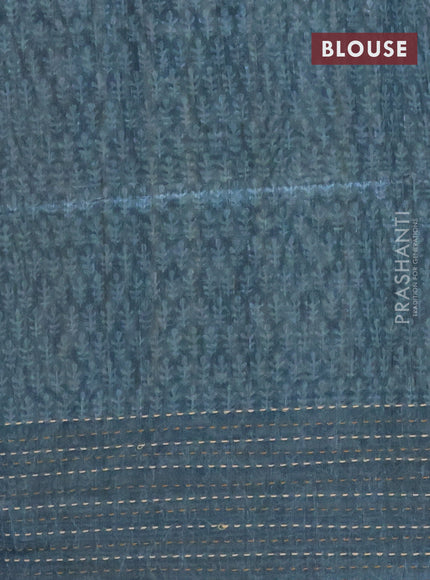 Semi tussar saree dark mehendi green and peacock blue with allover batik prints and katha stitch work pallu & border