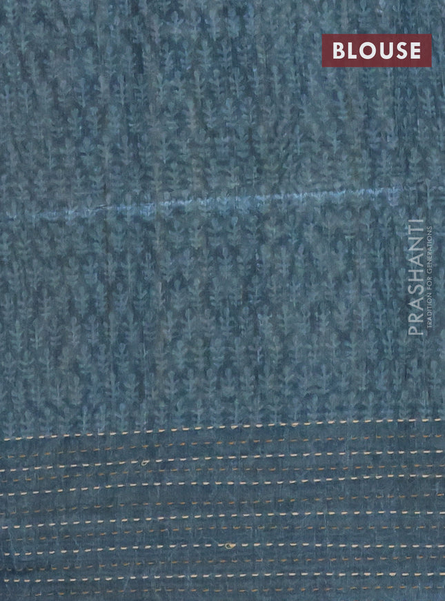 Semi tussar saree dark mehendi green and peacock blue with allover batik prints and katha stitch work pallu & border