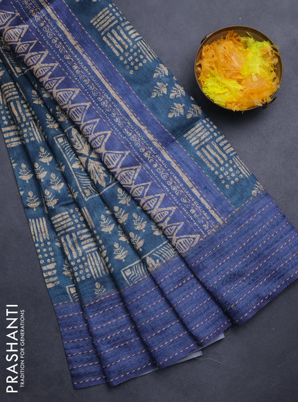 Semi tussar saree peacock blue and blue with allover batik prints and katha stitch work pallu & border
