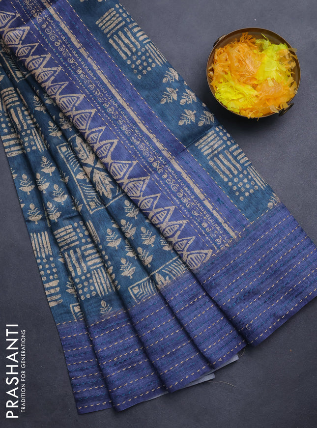 Semi tussar saree peacock blue and blue with allover batik prints and katha stitch work pallu & border