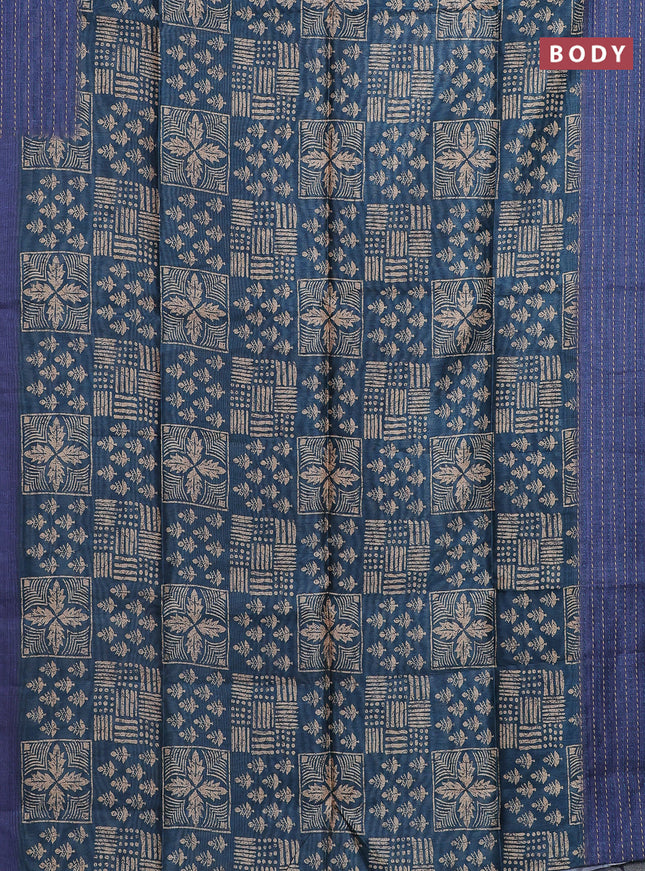 Semi tussar saree peacock blue and blue with allover batik prints and katha stitch work pallu & border