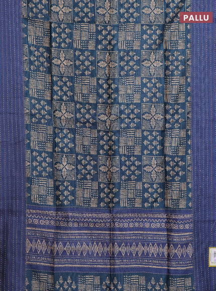 Semi tussar saree peacock blue and blue with allover batik prints and katha stitch work pallu & border