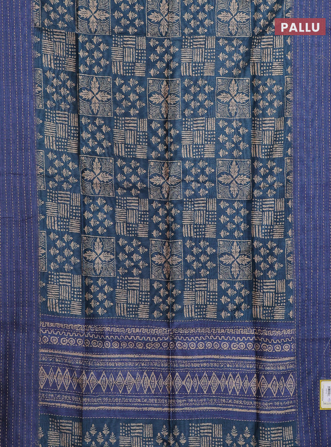 Semi tussar saree peacock blue and blue with allover batik prints and katha stitch work pallu & border