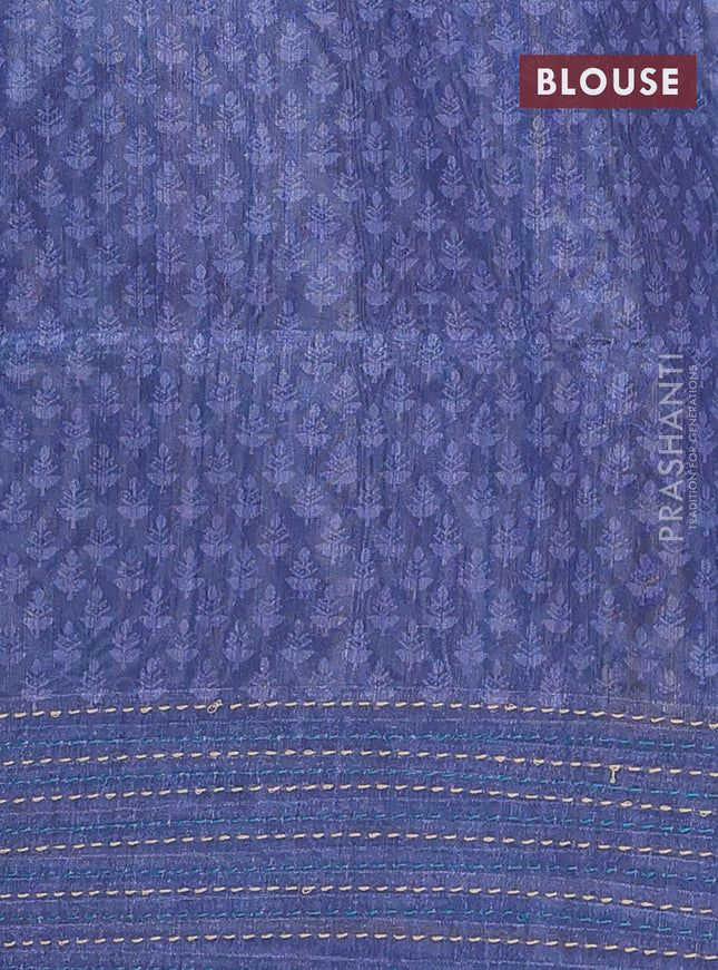Semi tussar saree peacock blue and blue with allover batik prints and katha stitch work pallu & border