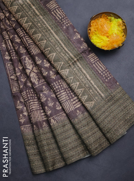 Semi tussar saree coffee brown and sap green with allover batik prints and katha stitch work pallu & border
