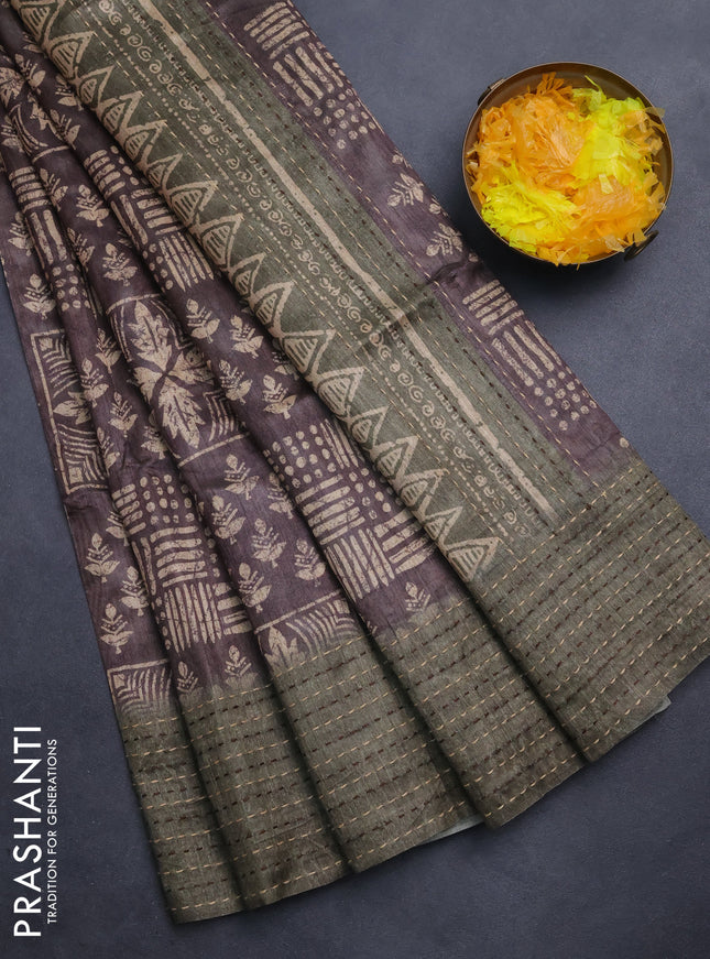 Semi tussar saree coffee brown and sap green with allover batik prints and katha stitch work pallu & border