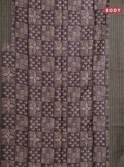 Semi tussar saree coffee brown and sap green with allover batik prints and katha stitch work pallu & border