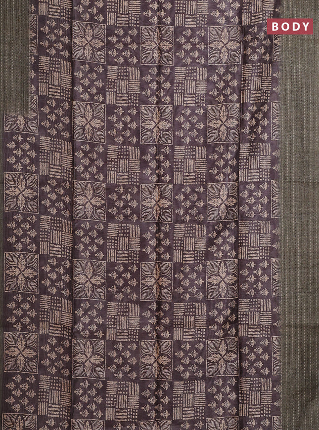 Semi tussar saree coffee brown and sap green with allover batik prints and katha stitch work pallu & border