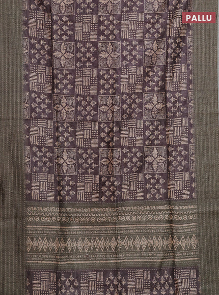 Semi tussar saree coffee brown and sap green with allover batik prints and katha stitch work pallu & border