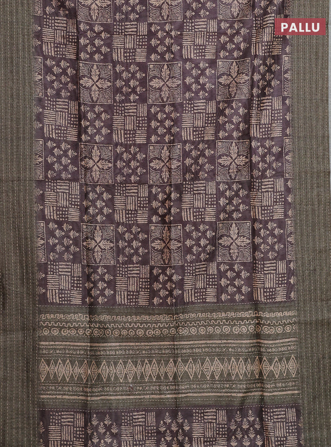 Semi tussar saree coffee brown and sap green with allover batik prints and katha stitch work pallu & border