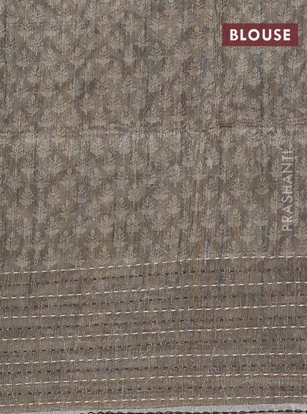 Semi tussar saree coffee brown and sap green with allover batik prints and katha stitch work pallu & border