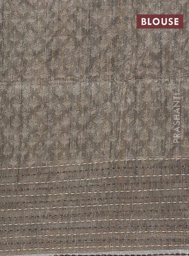 Semi tussar saree coffee brown and sap green with allover batik prints and katha stitch work pallu & border