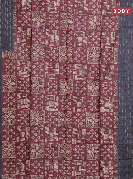 Semi tussar saree maroon and grey with allover batik prints and katha stitch work pallu & border