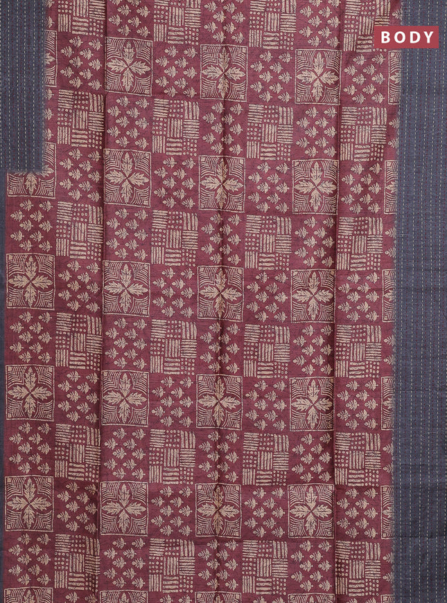 Semi tussar saree maroon and grey with allover batik prints and katha stitch work pallu & border