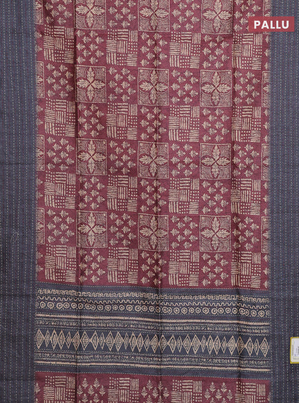 Semi tussar saree maroon and grey with allover batik prints and katha stitch work pallu & border