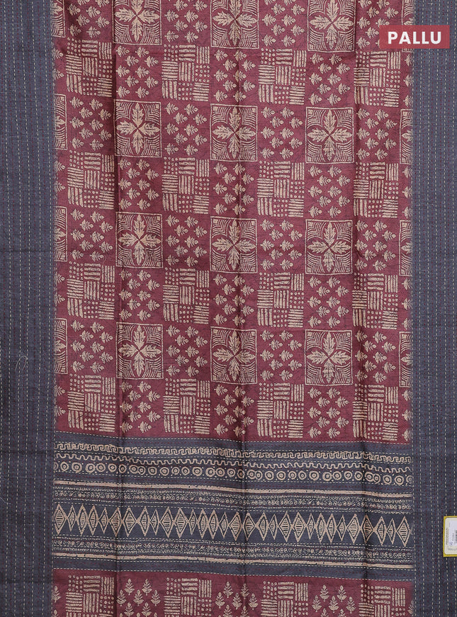 Semi tussar saree maroon and grey with allover batik prints and katha stitch work pallu & border