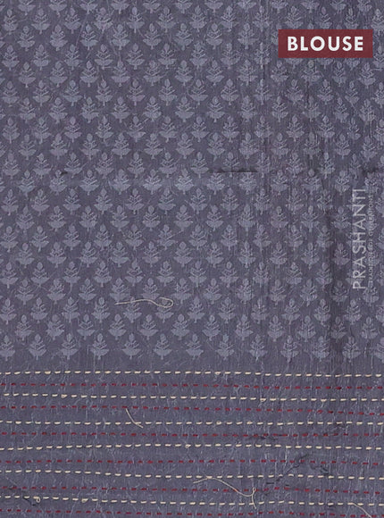 Semi tussar saree maroon and grey with allover batik prints and katha stitch work pallu & border