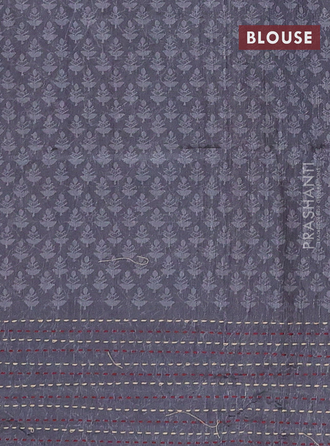 Semi tussar saree maroon and grey with allover batik prints and katha stitch work pallu & border