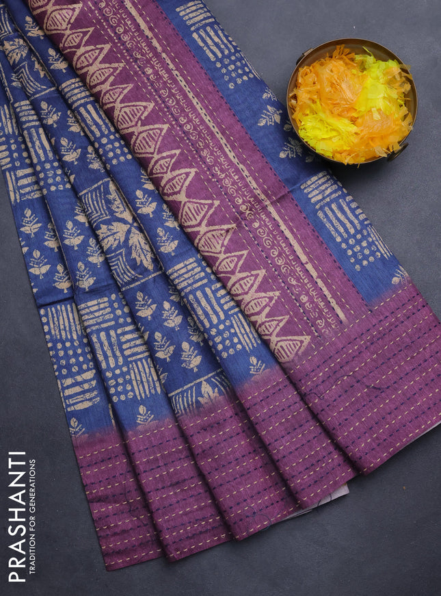 Semi tussar saree blue and purple with allover batik prints and katha stitch work pallu & border