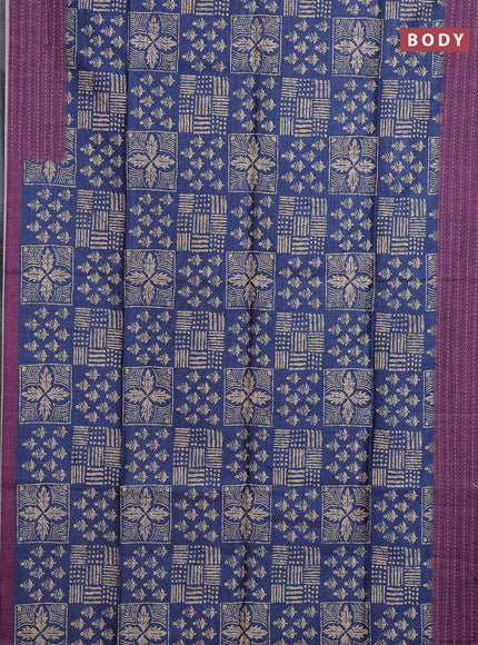 Semi tussar saree blue and purple with allover batik prints and katha stitch work pallu & border