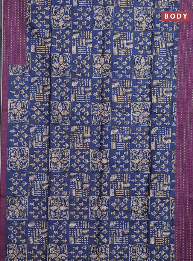 Semi tussar saree blue and purple with allover batik prints and katha stitch work pallu & border