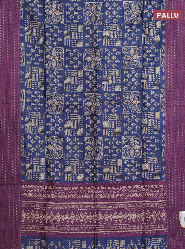 Semi tussar saree blue and purple with allover batik prints and katha stitch work pallu & border