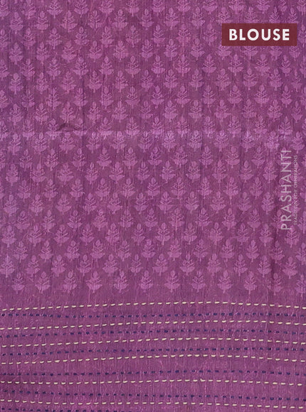Semi tussar saree blue and purple with allover batik prints and katha stitch work pallu & border