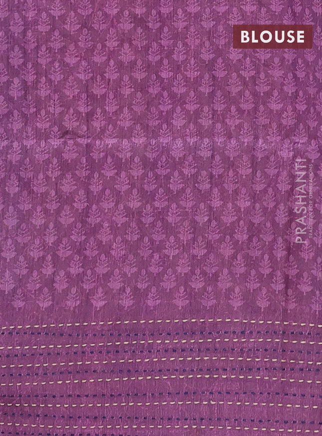 Semi tussar saree blue and purple with allover batik prints and katha stitch work pallu & border