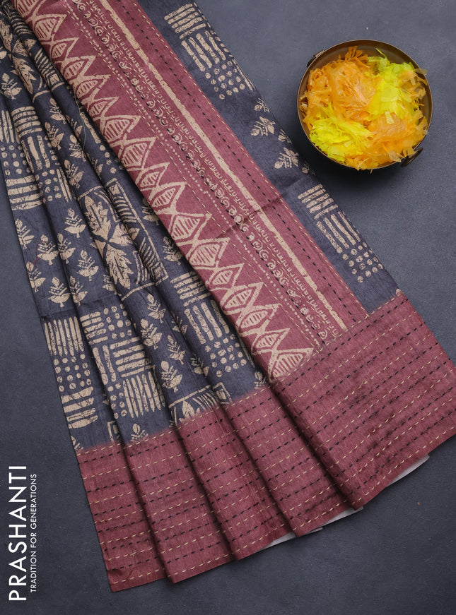 Semi tussar saree grey and maroon shade with allover batik prints and katha stitch work pallu & border