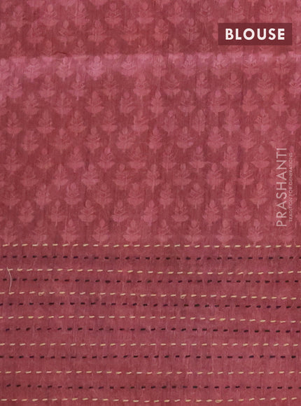 Semi tussar saree grey and maroon shade with allover batik prints and katha stitch work pallu & border